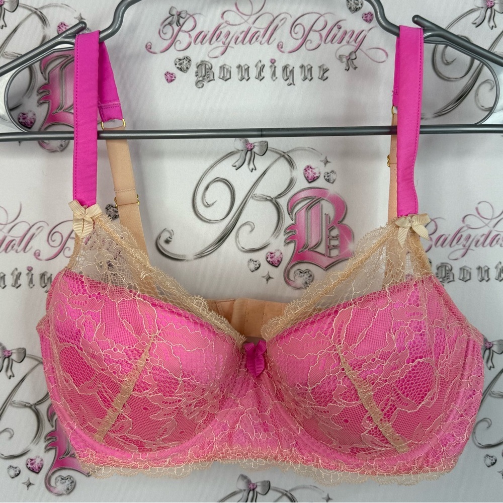 Mimi Holliday bra neon bright Pink Lace Bra with Cream Accents ribbon bow
